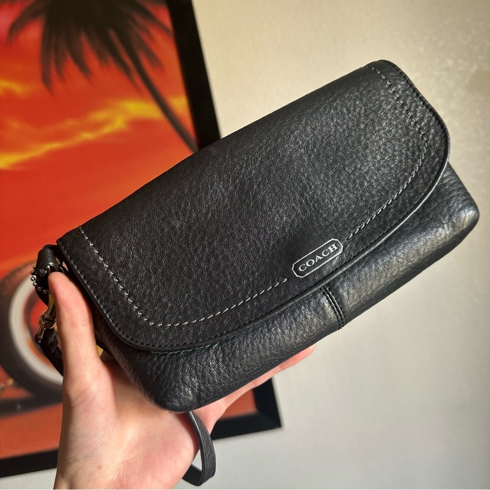Coach Pebbled Black Leather Green Interior Flap Magnetic Close